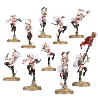 Zeigt die Reihe Daughters of Khaine und nicht Witch Aelves with Paired Sciansá im Besonderen — dasselbe Bild steht für 2 Einheiten dieser Armee.