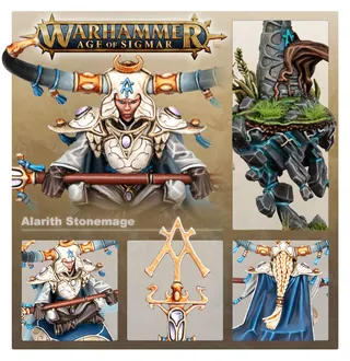 Pokazuje serię Lumineth Realm-lords, a nie konkretnie Alarith Stonemage (Scourge of Aqshy) — to samo zdjęcie reprezentuje 2 jednostki tej armii.