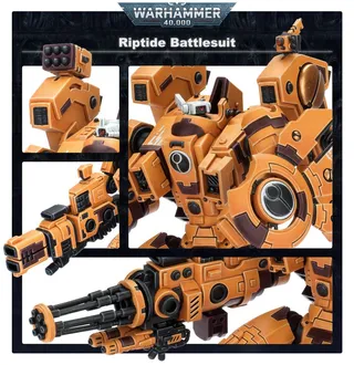 Pokazuje serię T'au Empire, a nie konkretnie Riptide Battlesuit — to samo zdjęcie reprezentuje 2 jednostki tej armii.