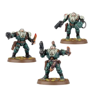 Zeigt die Reihe Leagues of Votann und nicht Ironkin Steeljacks with Heavy Volkanite Disintegrators im Besonderen — dasselbe Bild steht für 3 Einheiten dieser Armee.