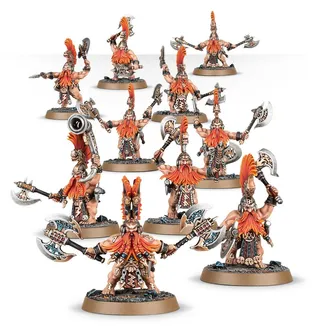 Pokazuje serię Fyreslayers, a nie konkretnie Vulkite Berzerkers with Fyresteel Weapons — to samo zdjęcie reprezentuje 2 jednostki tej armii.