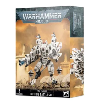 Pokazuje serię T'au Empire, a nie konkretnie Riptide Battlesuit — to samo zdjęcie reprezentuje 2 jednostki tej armii.
