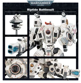 Pokazuje serię T'au Empire, a nie konkretnie Riptide Battlesuit — to samo zdjęcie reprezentuje 2 jednostki tej armii.