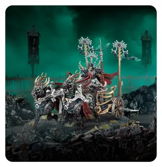 Muestra la gama Ossiarch Bonereapers y no Kavalos War Chariot en particular — la misma imagen representa a 3 unidades de este ejército.