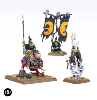 Pokazuje serię Orc and Goblin Tribes, a nie konkretnie Night Goblin Bigboss — to samo zdjęcie reprezentuje 5 jednostek tej armii.